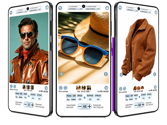 Aplicativo eCatálogos com catálogo de produtos em três celulares